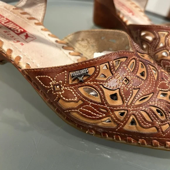 Pikolinos Brown Leather Floral Stitched Laser Cut Tan Leather Low Heel Sandals - Picture 9 of 10